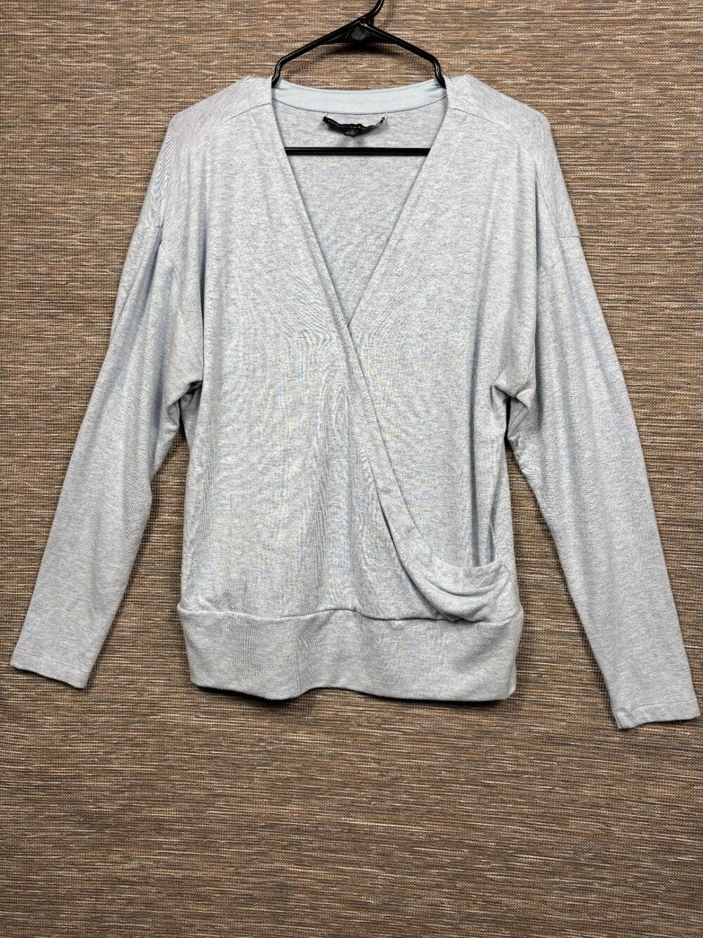 White House Black Market Faux Wrap Top Womens Size L Light Blue Long Sleeve